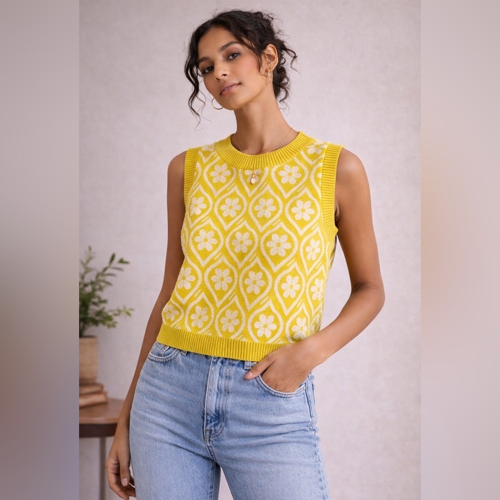 Bluenotes Yellow Floral Knit Sweater Vest – Medium